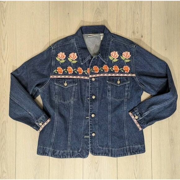 Vintage Bill Blass Jean Jacket Womens Denim Embroidered Fairy Rose Sz Large - Picture 1 of 5